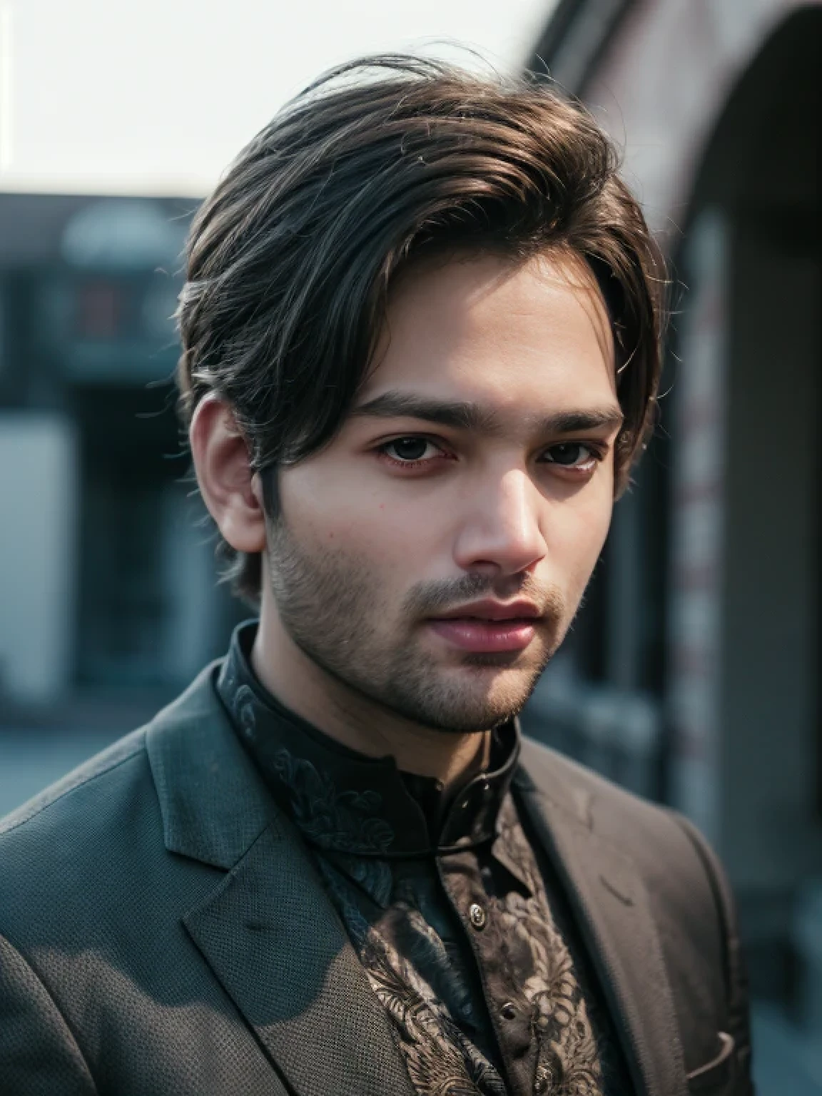A beautiful young bearded man with highly detailed skin looking at the camera,8k,high res, soft light,no contrast,ultra realistic, photorealism.((real life photo,realistic:1.9, short beard:1)),(wearing black suits)