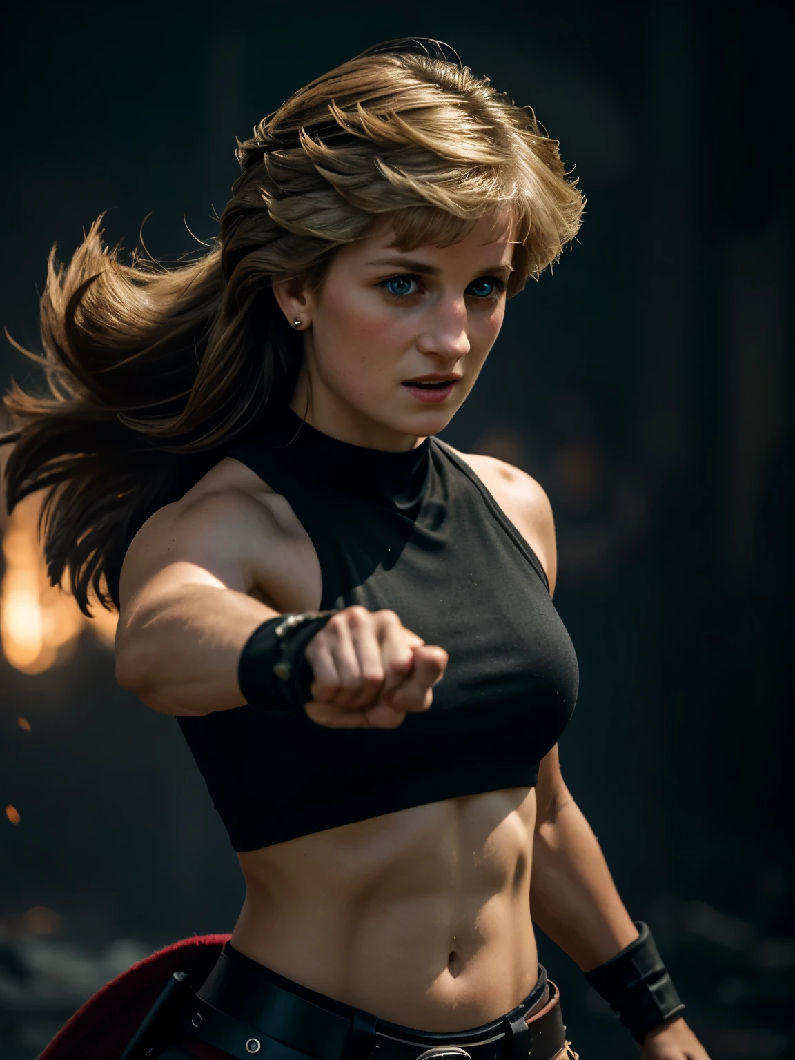 (best quality,4k,8k,highres,masterpiece:1.2),ultra-detailed,(realistic,photorealistic,photo-realistic:1.37),sword-wielding,ferocious,brave warrior,girl with a brave expression,(((exact face of Princess Diana))), detailed facial features,expressive eyes,sharp nose,fierce eyes,beautiful face,flowing hair,fine clothing and armor, round deep navel,powerful stance,confident posture,misty background,hint of smoke,fierce battle scene,warrior in action,heroic aura,gritty texture,strong contrast,vivid colors,highlights and shadows,stark contrast between light and dark,moody feel,mysterious lighting,dramatic composition,splashes of red and black,dynamic movement,strong presence,unforgettable,portrait of resilience and strength.