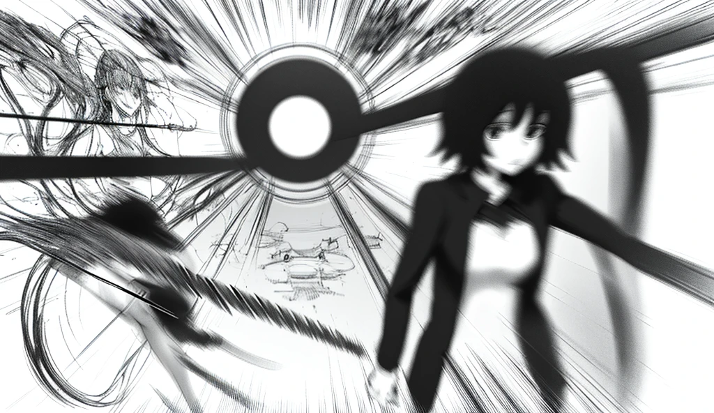 there is a drawing of a woman holding a pair of scissors, sketch of a lucid dream, intoxicatingly blurry, animatic, stylistic blur, [ conceptual art ]!!, blurry and dreamy illustration, motionblur, blurry and glitchy, rough sketch, some background blur, the anime girl is running, black and white manga panel, deblur