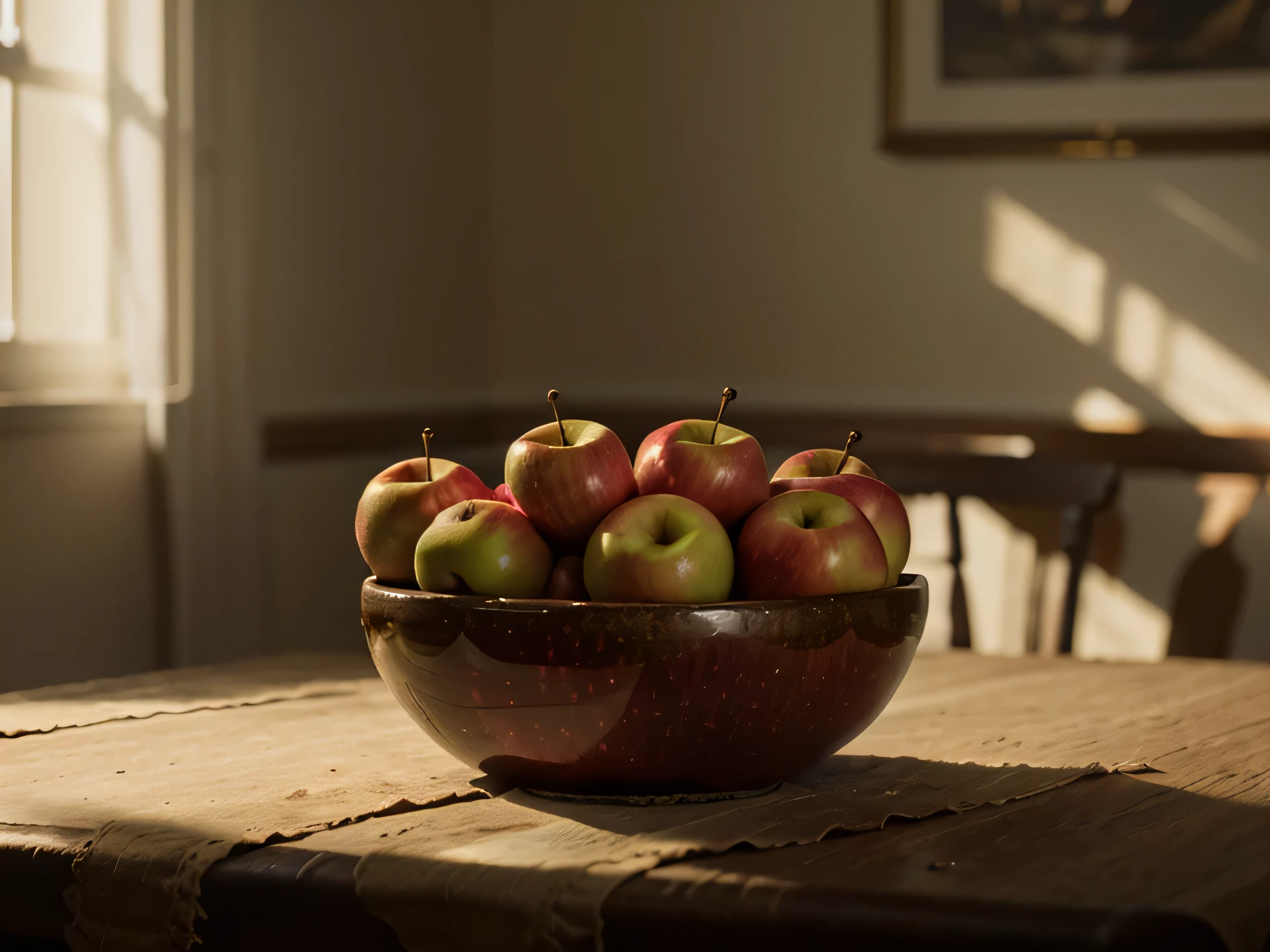 gala apples on the table still life oil brushstrokes,  hyperrealistic, masterpiece,Hyperrealism, 135mm, nikon, chiaroscuro, cinematic lighting, rays of God, drop shadow
