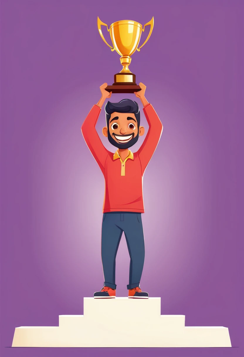 A man Ramu standing on a podium, holding a trophy high above his head, with a triumphant smile on his face. Cartoon style