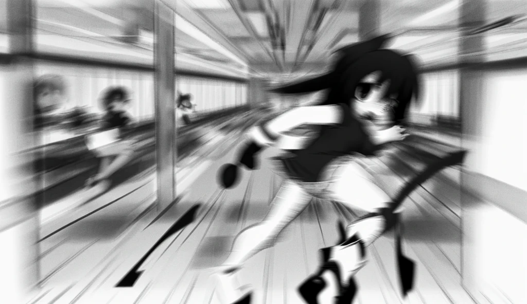 there is a drawing of a woman holding a pair of scissors, sketch of a lucid dream, intoxicatingly blurry, animatic, stylistic blur, [ conceptual art ]!!, blurry and dreamy illustration, motionblur, blurry and glitchy, rough sketch, some background blur, the anime girl is running, black and white manga panel, deblur