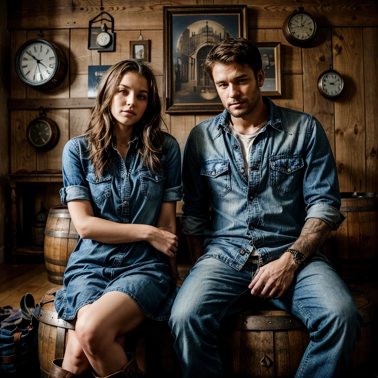 A man and woman are sitting in a room with a barrel and several clocks on the wall. The man is wearing boots and a denim shirt. The woman is wearing a blue dress.