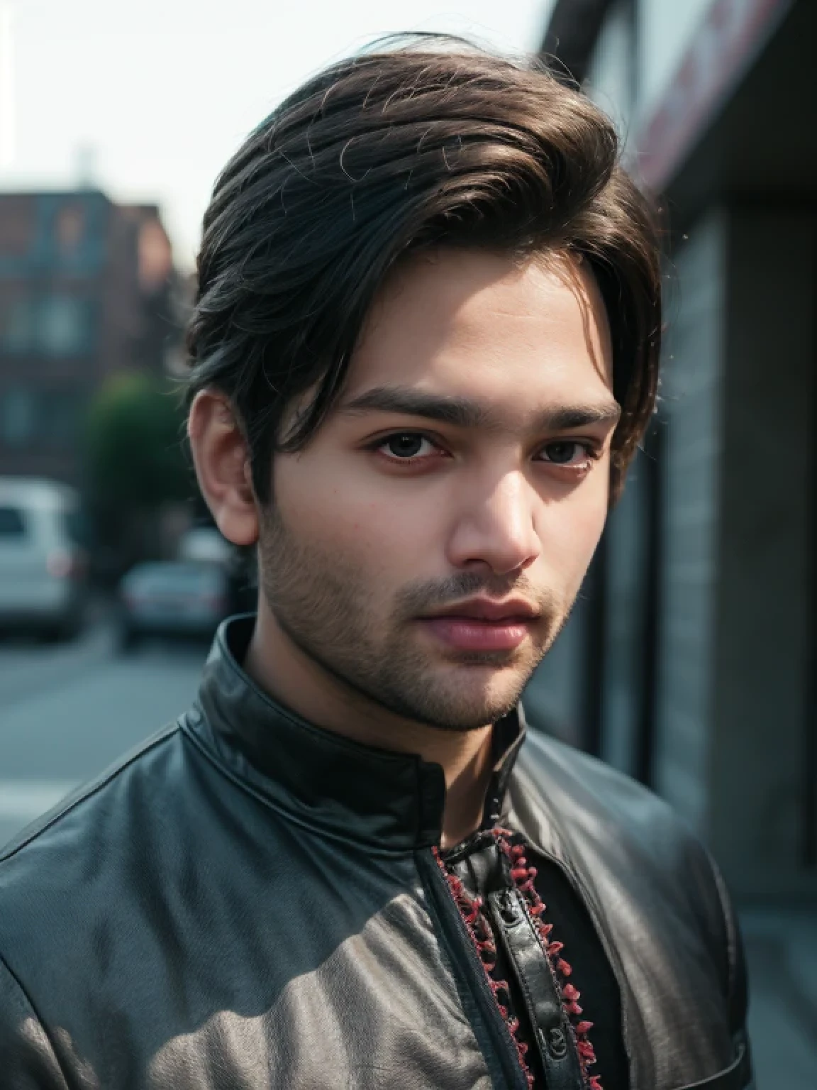 A beautiful young bearded man with highly detailed skin looking at the camera,8k,high res, soft light,no contrast,ultra realistic, photorealism.((real life photo,realistic:1.9, short beard:1)),(wearing black suits)