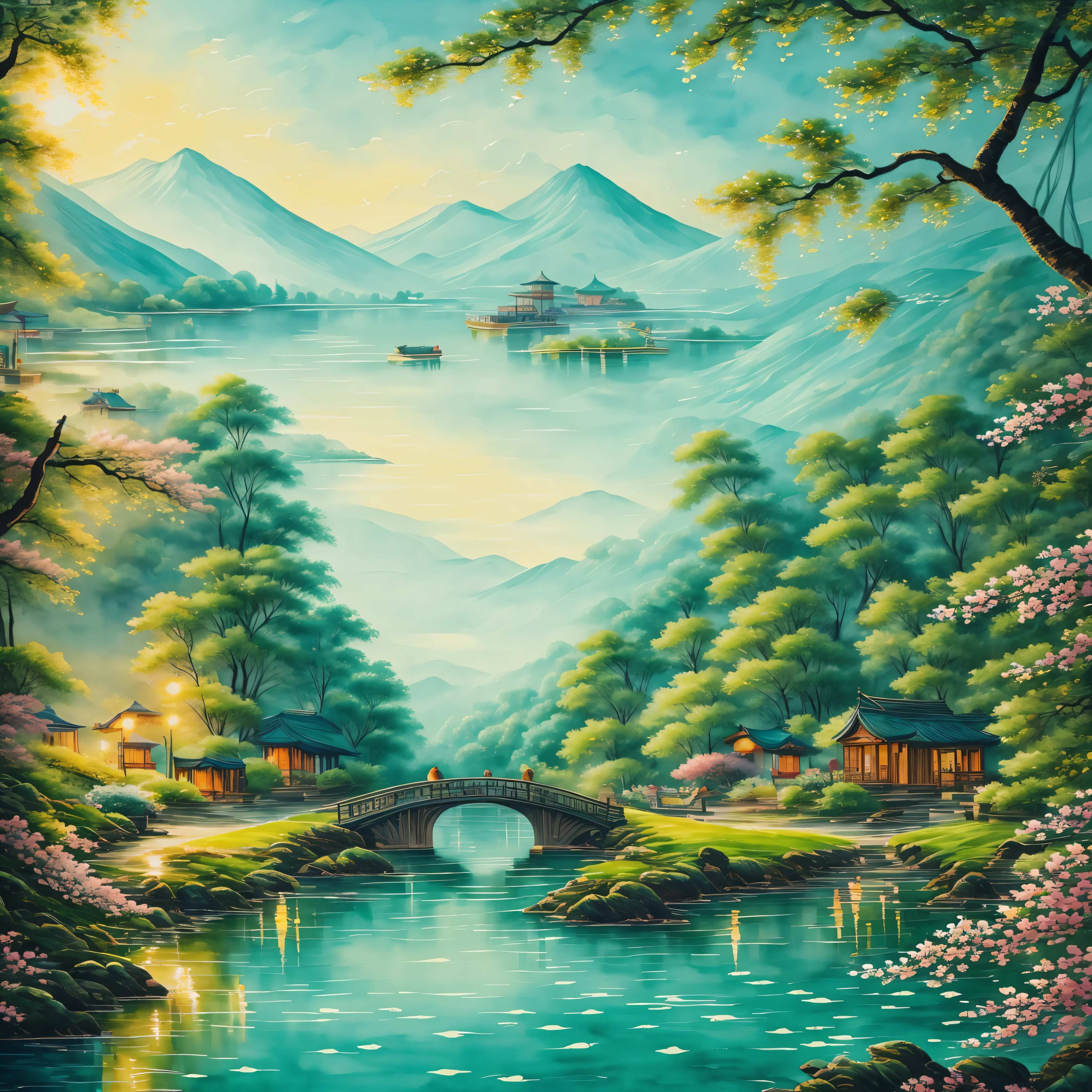 At dusk, green trees, willows flying, surrounded by blue water, a bridge and flowing water, antique color, floral fragrance, warm as jade, birds singing and flowers, water town paintings, leisurely, watercolor, painting , Art, 16K resolution,