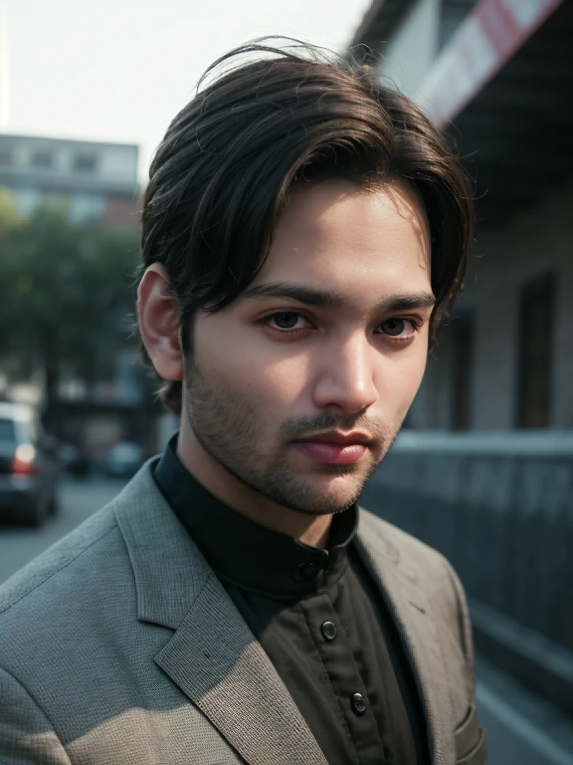 A beautiful young bearded man with highly detailed skin looking at the camera,8k,high res, soft light,no contrast,ultra realistic, photorealism.((real life photo,realistic:1.9, short beard:1)),(wearing black suits), new pose