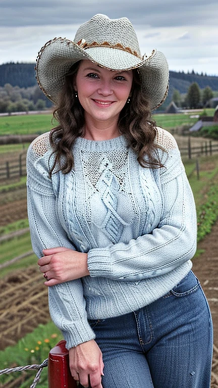 beautiful 54 year old white woman, chubby, wavy brunette hair with (greying), blue eyes, happy, red cable knitted sweater, cowboy hat, blue jeans, farmland in background, detailed, HDR, photo circa 2010