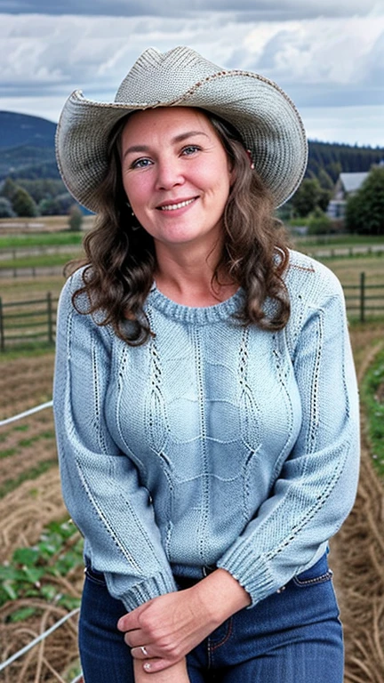 beautiful 54 year old white woman, chubby, wavy brunette hair with (greying), blue eyes, happy, red cable knitted sweater, cowboy hat, blue jeans, farmland in background, detailed, HDR, photo circa 2010