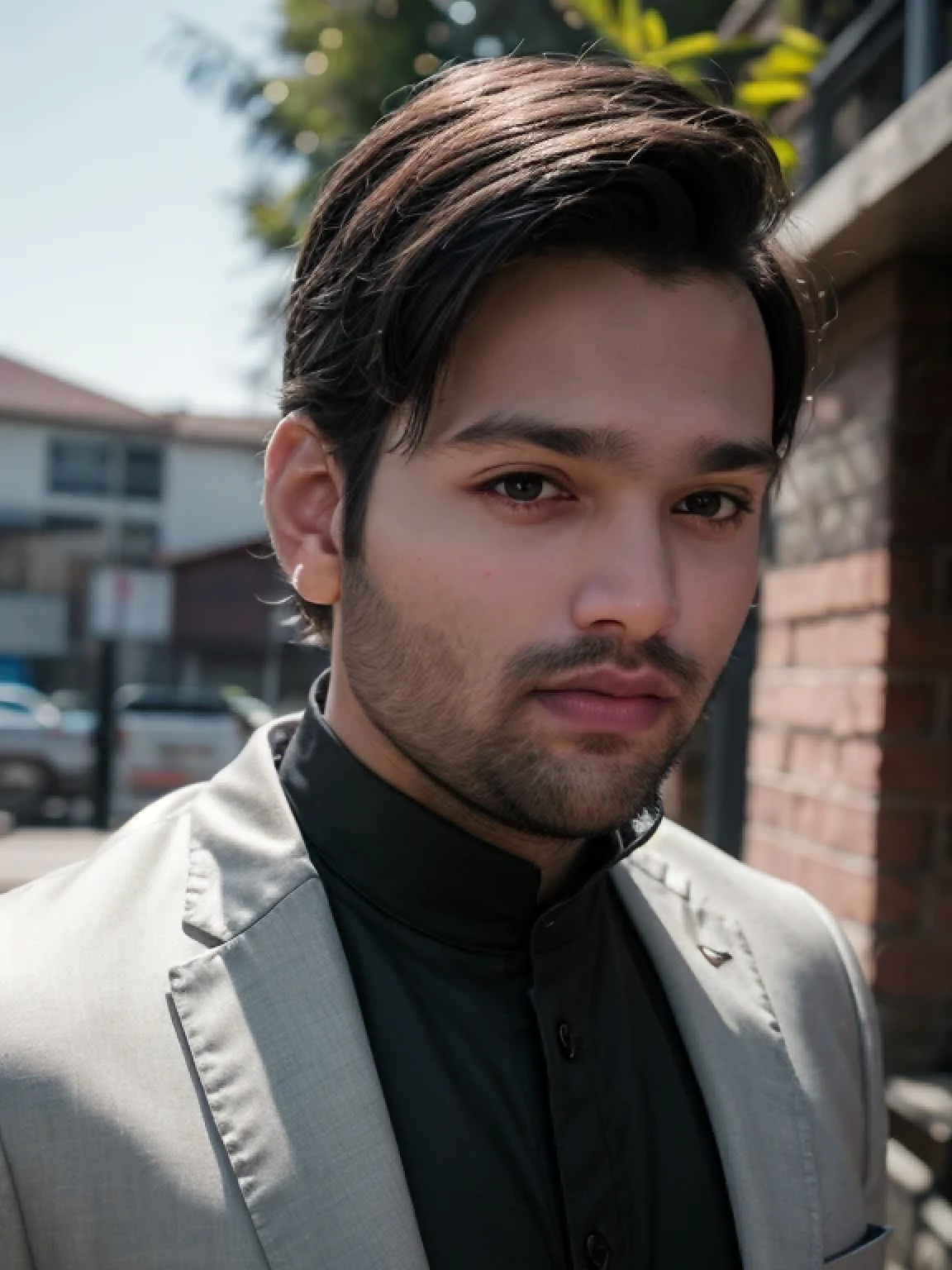 A beautiful young bearded man with highly detailed skin looking at the camera,8k,high res, soft light,no contrast,ultra realistic, photorealism.((real life photo,realistic:1.9, short beard:1)),(wearing black suits looking at right)