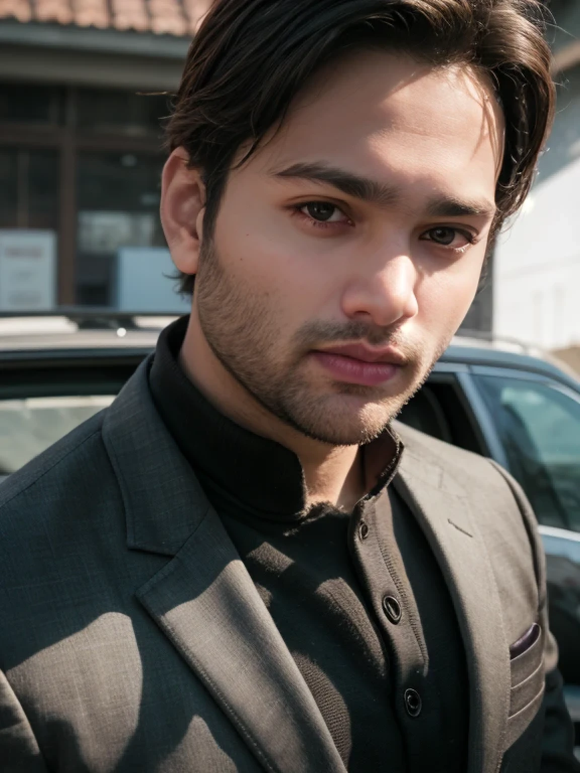 A beautiful young bearded man with highly detailed skin looking at the camera,8k,high res, soft light,no contrast,ultra realistic, photorealism.((real life photo,realistic:1.9, short beard:1)),(wearing black suits looking at right)