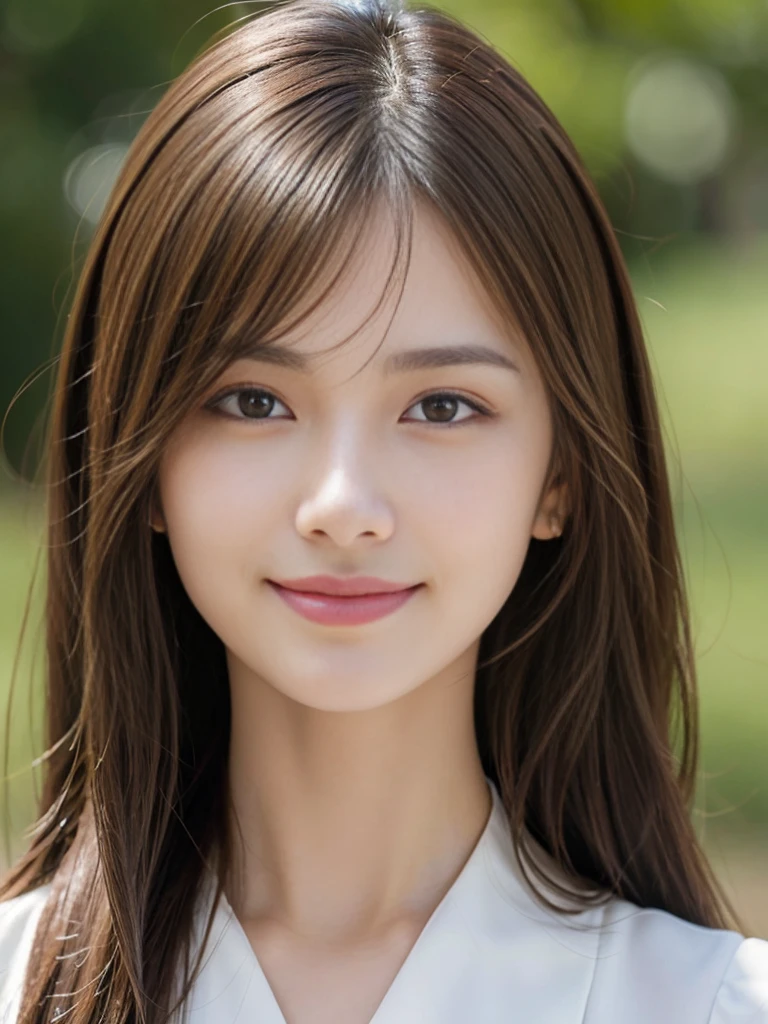 table top, highest quality, realistic, Super detailed, finely, High resolution, 16k wallpaper, 1 beautiful woman,, beautiful long light brown hair, Spring-like outfit,魅力的なsmile、 sharp focus, perfect dynamic composition, detailed and beautiful eyes, fine hair, Detailed and realistic skin texture, smile, close-up portrait, model body shape、Well-shaped, slightly high nose、