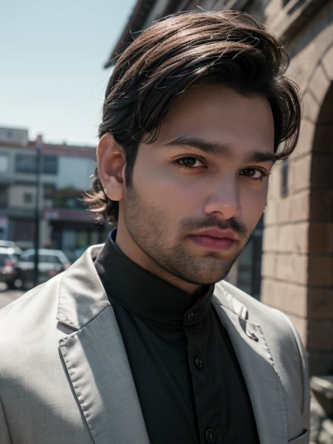 A beautiful young bearded man with highly detailed skin looking at the camera,8k,high res, soft light,no contrast,ultra realistic, photorealism.((real life photo,realistic:1.9, short beard:1)),(wearing black suits looking at the viewers)