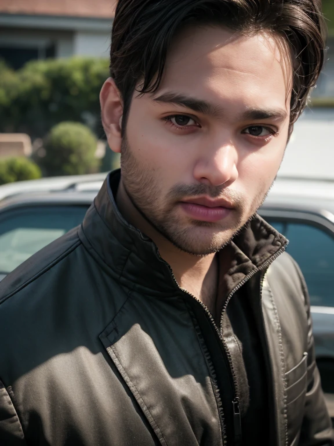 A beautiful young bearded man with highly detailed skin looking at the camera,8k,high res, soft light,no contrast,ultra realistic, photorealism.((real life photo,realistic:1.9, short beard:1)),(wearing black suits looking at the viewers)