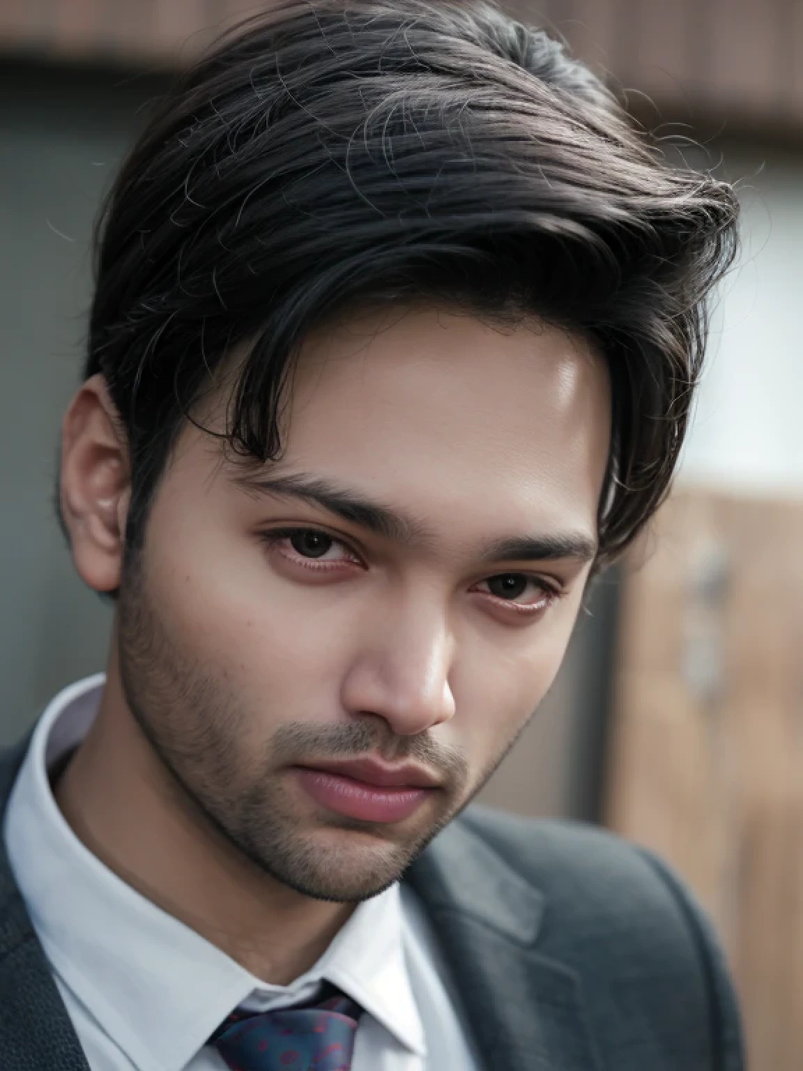 A beautiful young bearded man with highly detailed skin looking at the camera,8k,high res, soft light,no contrast,ultra realistic, photorealism.((real life photo,realistic:1.9, short beard:1)),(wearing black suits looking at the camera)