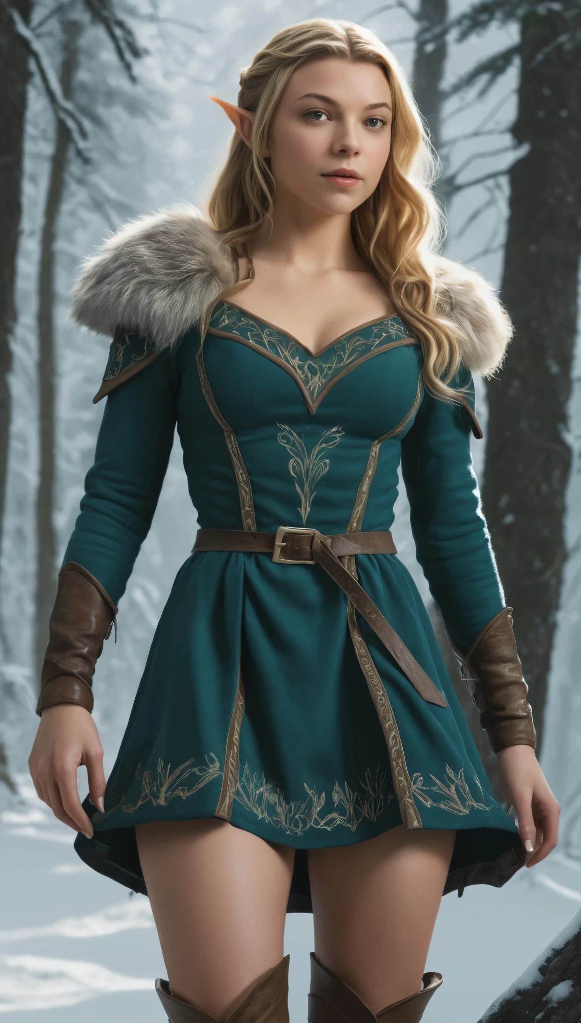 An illustrated movie poster, hand-drawn, full color, a teenage elven girl, wearing corduroy mini-dress, resembles Natalie Dormer, sun-tanned complexion, very tall, Amazonian body, hourglass figure, curvy, toned midriff, bottom-heavy, generous hips, massive bubble-butt, long legs, ridiculously thick powerful thighs, long pointy elf ears, blonde hair, long loose waves, posing in a snowy boreal forest, hard shadows, graphite shading, stencil marks, airbrushed acrylic paint, masterpiece, in the style of Skyrim