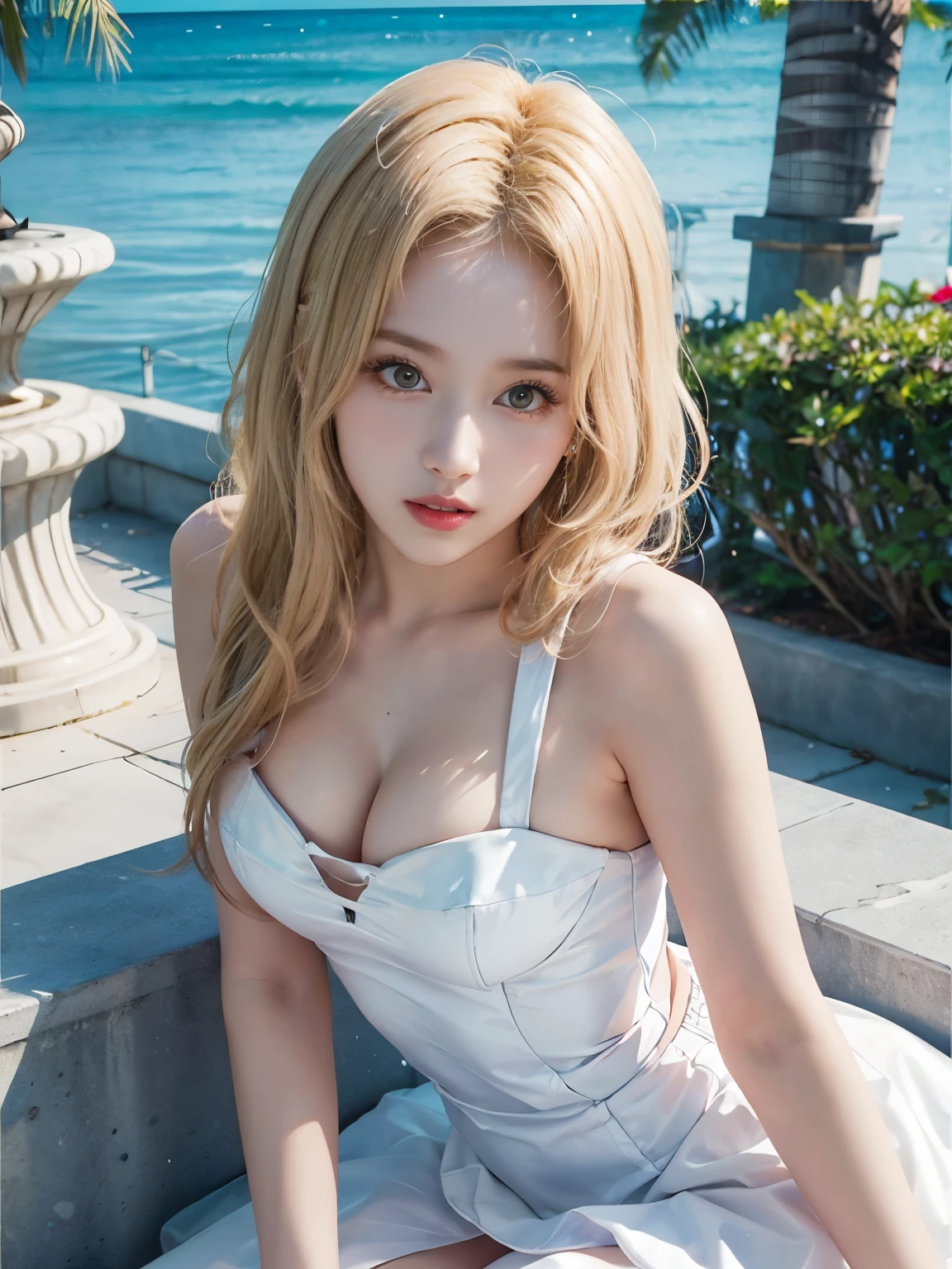 Princess of lightness,((blond hair)),busty,Glamour,Gorgeous,Jewelry,monochromes,goddess,light Fantasy,light Venus,erotic posing,Dynamic Posing,Dramatic,Cinematic,Detailed background, fullbody view, light fantastic view,Best Quality,masutepiece,8K,The ultimate detailed light background, Top image quality、RAW photography、超A high resolution、show legs,cropped shoulders,close-up all over the body,Be red in the face,overall look is very erotic。(Hand optimization),(Details are strengthened),(High Picture Quality) An 18-year-old female、Shot for one person only、model shoot、medium breasts、Wearing a white skirt、Beautiful Eyes of Details、Very slender eyes、Beautiful eyelashes、beautiful double eyelid、Very slim physique, Shy, with blush cheeks, 🤍, ((Sana Minatozaki))