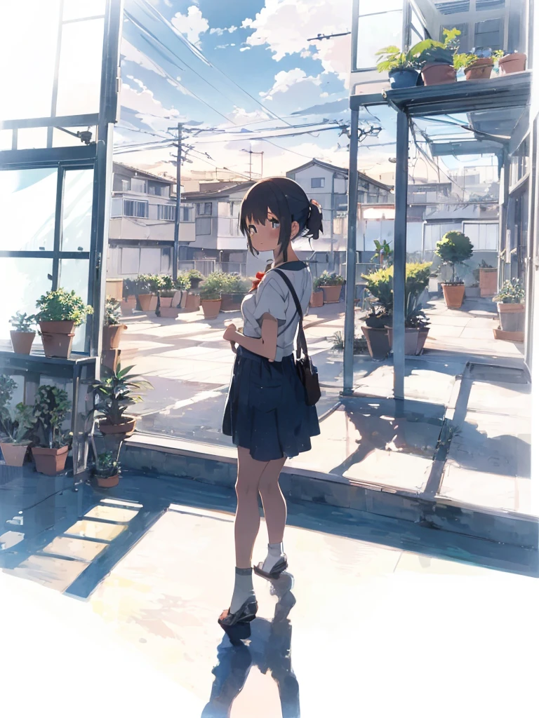 Detailed background, landscape, window, air conditioner, building, Outdoors, Potted plants, concrete, (Illustration:1.0), masutepiece, Best Quality, Potted plants, Cloudy sky, evening, early evening zori, Girl watching viewer, blue shadow