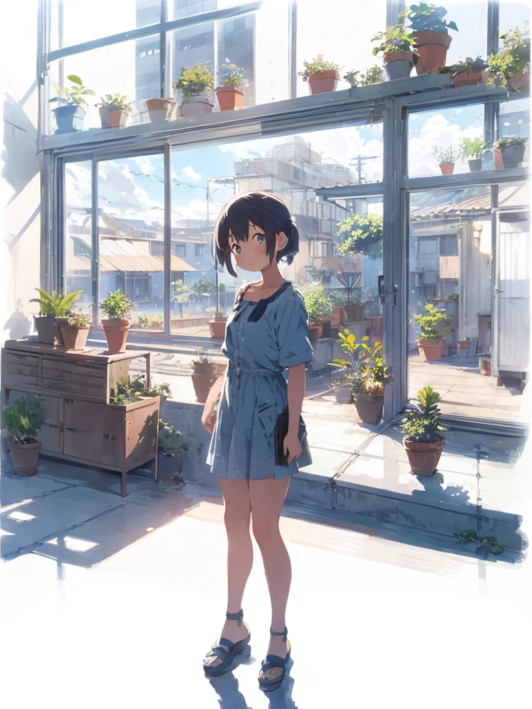 Detailed background, landscape, window, air conditioner, building, Outdoors, Potted plants, concrete,  (Illustration:1.0), masutepiece, Best Quality, Potted plants, Cloudy sky, evening, early evening　zori, Girl watching viewer, blue shadow