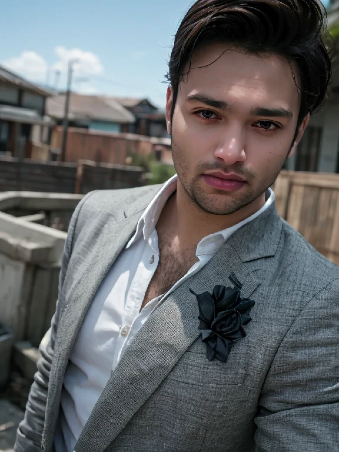 A beautiful young bearded man with highly detailed skin looking at the camera,8k,high res, soft light,no contrast,ultra realistic, photorealism.((real life photo,realistic:1.9, short beard:1)),(wearing black suits looking at the camera)