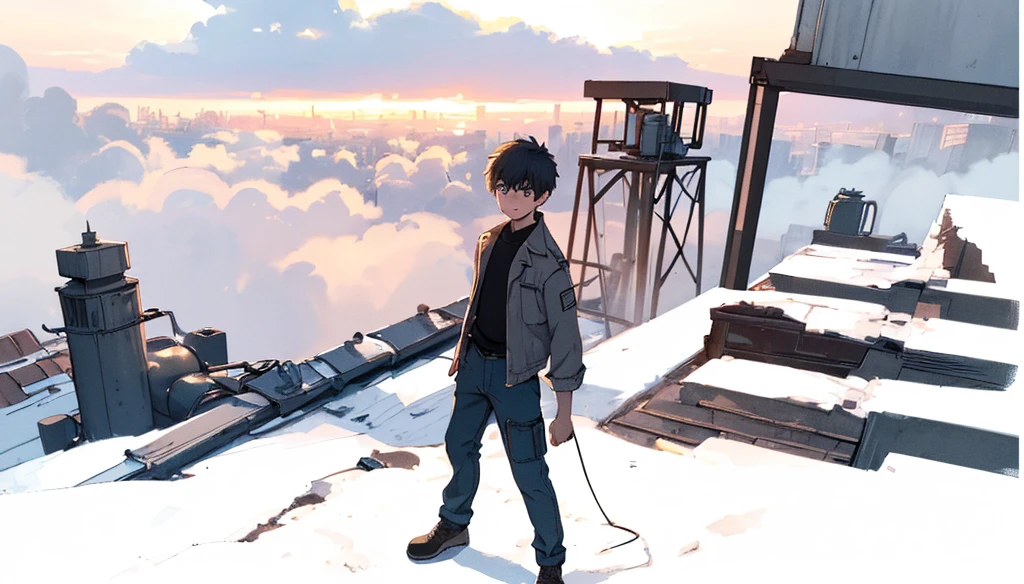 ((high quality)), ((masterpiece:1.3)), 8k, 1boy, standing on the roof of a deprecated old factory, watching a tiny light shining in the sky, a sunset light, shadow cast on the chest of the boy, cloud on the backgroud, smoke comes from chimney on the right corner of the frame,