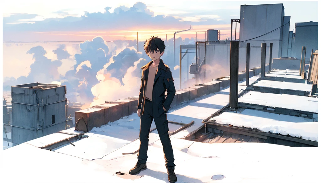 ((high quality)), ((masterpiece:1.3)), 8k, 1boy, standing on the roof of a deprecated old factory, watching a tiny light shining in the sky, a sunset light, shadow cast on the chest of the boy, cloud on the backgroud, smoke comes from chimney on the right corner of the frame,