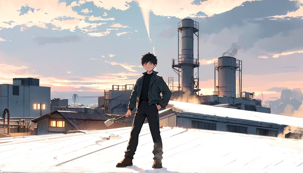 ((high quality)), ((masterpiece：1.3)), 8k, 1boy, standing on the roof of a deprecated old factory, watching a tiny light shining in the sky, a sunset light, shadow cast on the chest of the boy, cloud on the backgroud, smoke comes from chimney on the right corner of the frame,