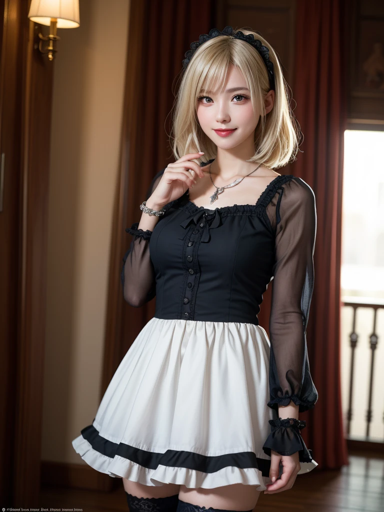 (8K, Photorealistic, Raw photo, of the highest quality: 1.3), (1girl in), Super beautiful, (Realistic face), (boyish, Silver Color Berry Shorthair), Beautiful , Glare that captivates the viewer, Beautiful expression, Beautiful breasts, (Realistic skin), Be...Super high quality, super high definition, super detailed, masterpiece, 20years old, female, cute, perfect face, beautiful, gothic lolita clothes, gothic lolita fashion, frilly skirt, headdress, necklace, bracelet, knee-high socks, boots, double eyelids, tear bags, Detailed down to the fingers, photo-like description, indoors, dim indoor lighting, blonde hair, semi long, standing, whole body, composition that shows the whole body, smiling