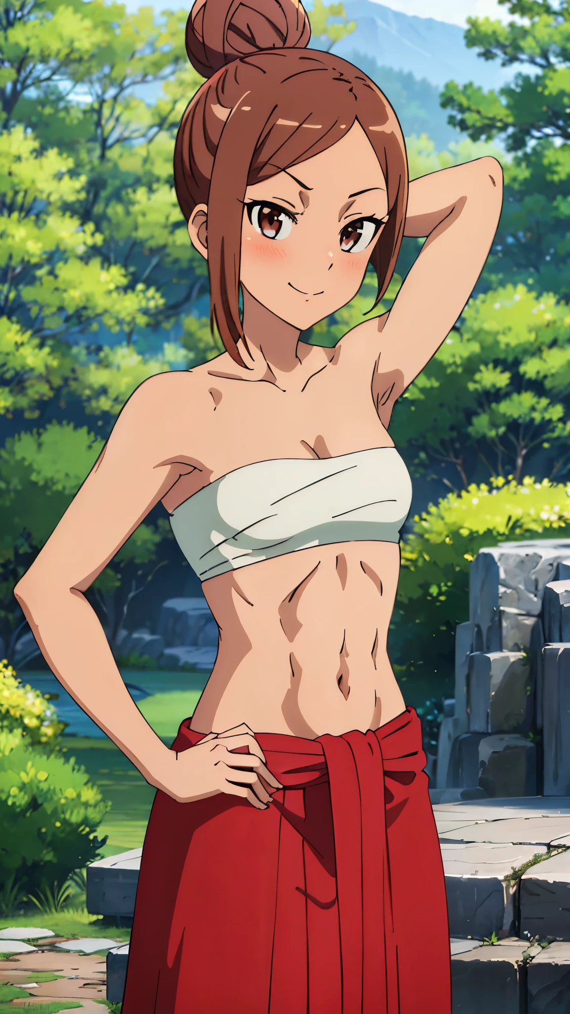 tan skin, masterpiece, highres, solo, 8k, detailed, perfect face, best quality, (ultra high quality), (looking at viewers), (armpit), collarbone, bare arms, small breast, cleavage, brown hair, bun tied hair, brown eyes, belly, stomach, navel, abs, sarashi chest, bandaged breast, (white bandage), (red hakama), slim body, upper body, smile, blush, closed mouth, at forest, hand up