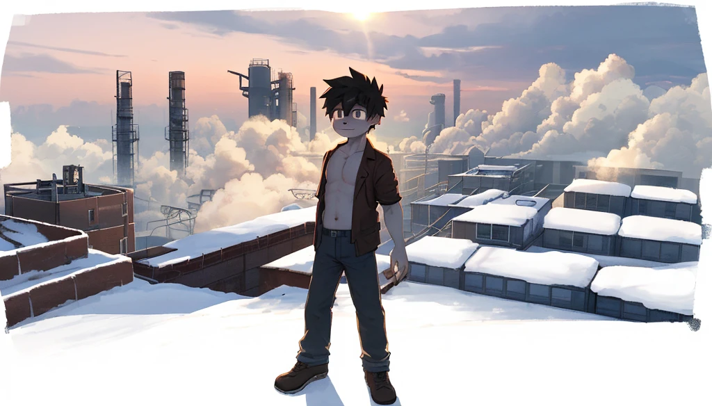 ((high quality)), ((masterpiece:1.3)), 8k, 1boy, standing on the roof of a deprecated old factory, watching a tiny light shining in the sky, a sunset light, shadow cast on the chest of the boy, cloud on the backgroud, smoke comes from chimney on the right corner of the frame,