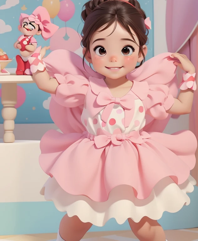 [(An adorable smiling brunette :1.2)(Cute little baby)(pele clara)(Feliz)][(vestindo fantasia inspirada no 'Minnie') , illustration  , fundo limpo], wearing a little red dress with white polka dots and a bow in her hair, corpo inteiro, usando um sapatinho preto, with color palette in hand