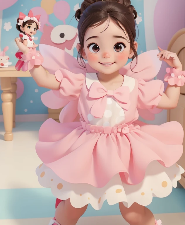 A poster，banner；1Little girl lying on the floor，Sweaty face，Wear ballet costumes，your feet，Happy expression，Looking at the dancing shoes in front of me，Long hair；Composition：The character is on the right，Light pink background，Pink ribbon for atmosphere decoration；3DAnimation海报，皮克斯3DAnimation风格，Pixar Renderman Rendering，Maya 8K，Animation，disney pixar 3d style，indoor，迪士尼皮克斯Animation海报；The content is simple，Simple style。