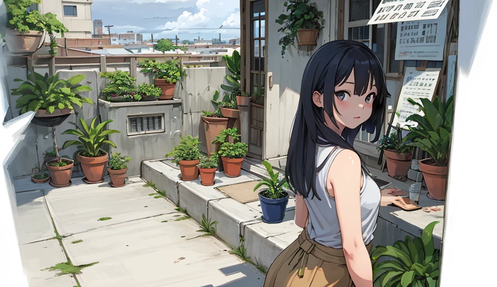 Detailed background, landscape, window, air conditioner, building, Outdoors, Potted plants, concrete, (Illustration:1.0), masutepiece, Best Quality, Potted plants, Cloudy sky, evening, early evening zori, Girl watching viewer, blue shadow