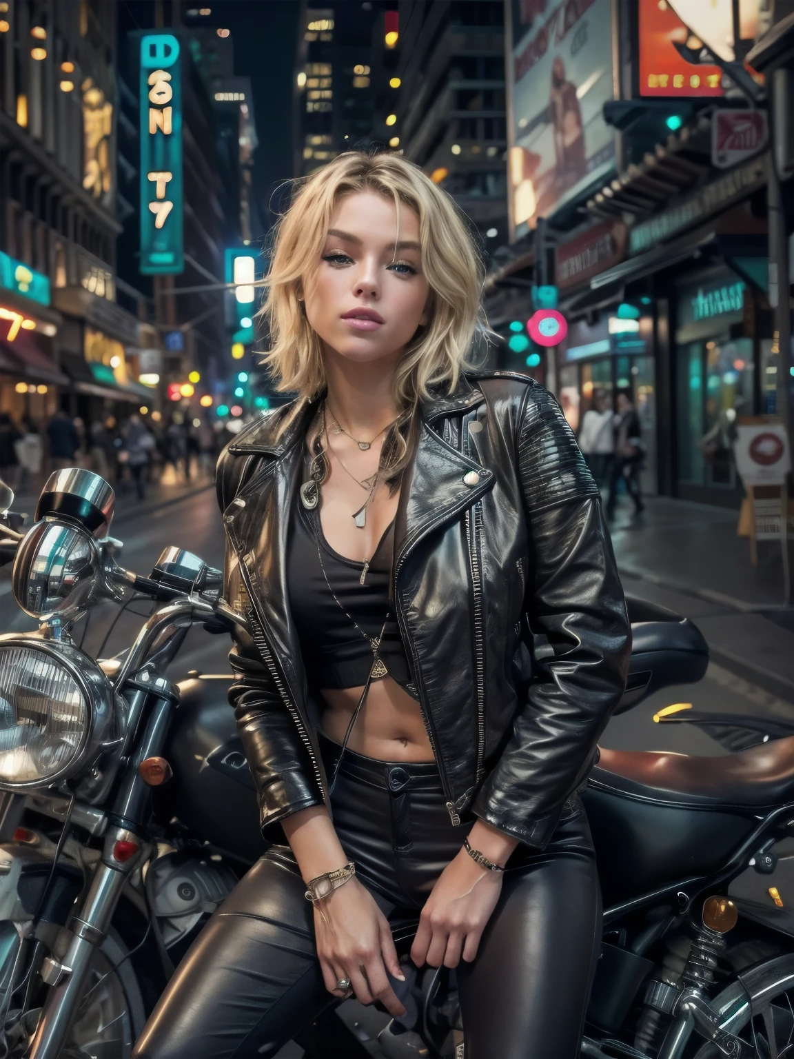 (masterpiece, Best Quality), ultra-detailed, Photorealsitic,  full body, a beautiful female model, ((Coordinating sexy leather jackets)), a necklace, Ring Accessories, short blonde Hair, Perfect face, Beautiful face, enticing, gorgeous eyes, natural make up, red-lips, Dark Eye Makeup, seductive smile, Night city, tank top, pvc pants, (nsfw:1.1)