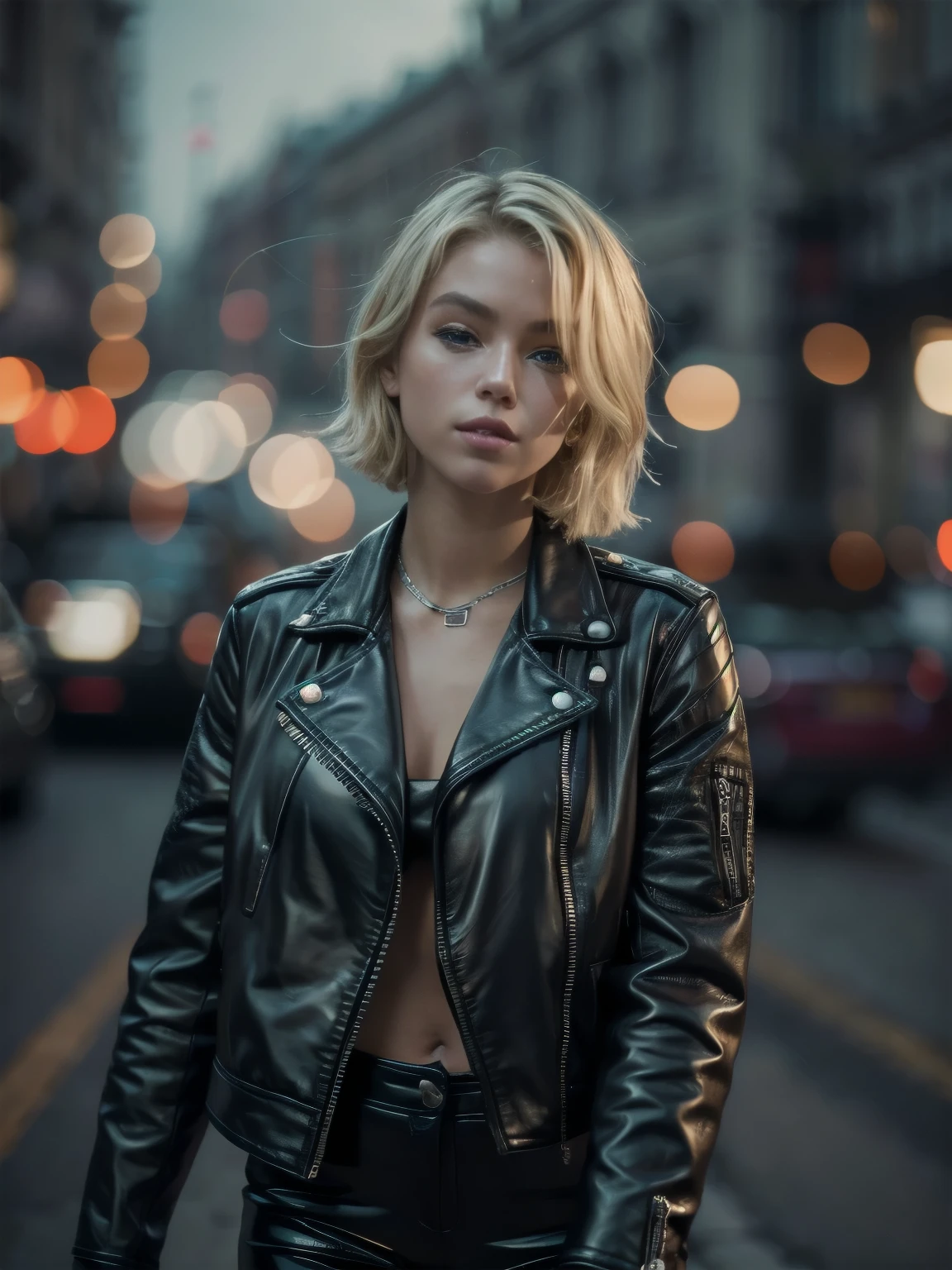 (Masterpiece, Best Quality), ultra-detailliert, Photorealsitic,  full body, a beautiful female model, ((Coordinating sexy leather jackets)), a necklace, Ring Accessories, short blonde Hair, Perfect face, Beautiful face, enticing, gorgeous eyes, heavy make up, red-lips, Dark Eye Makeup, seducting smile, Night city, tank top, pvc pants, 16K, ultra high res.photorealistic, UHD, RAW