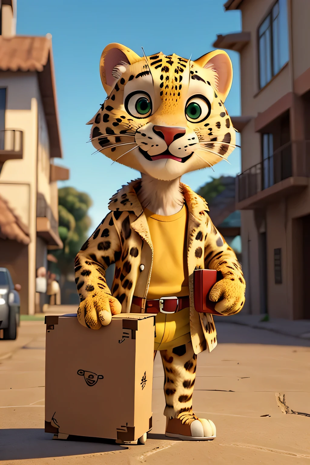 Leopardo correndo, holding a square box in both hands, sorrindo, feliz, olhando direto para mim
