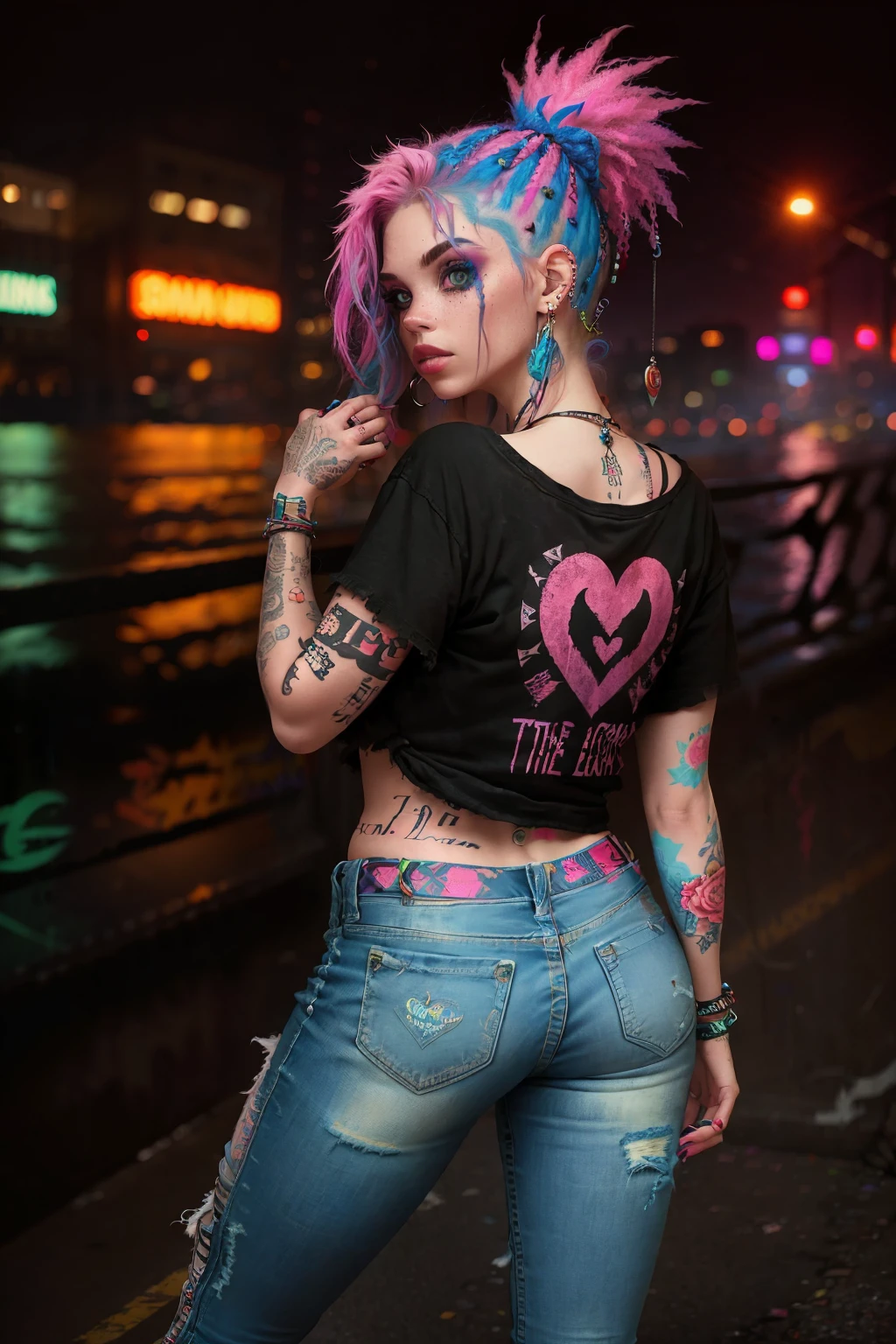 In the heart of a grungy city, an alternative girl stands out with her vibrant persona. Her bright, neon-colored hair cascades down her back, contrasting dramatically with the foggy background. A myriad of colorful tattoos adorn her arms and torso, each one telling a unique story. Piercings glint in her ears, nose, and lips, adding to her edgy style.

She wears a distressed band t-shirt, frayed at the edges, and ripped jeans that fit her like a second skin. The vintage boots she sports complete her look, their scuffed surface speaking of countless adventures. With a fierce expression and a confident pose, she defies