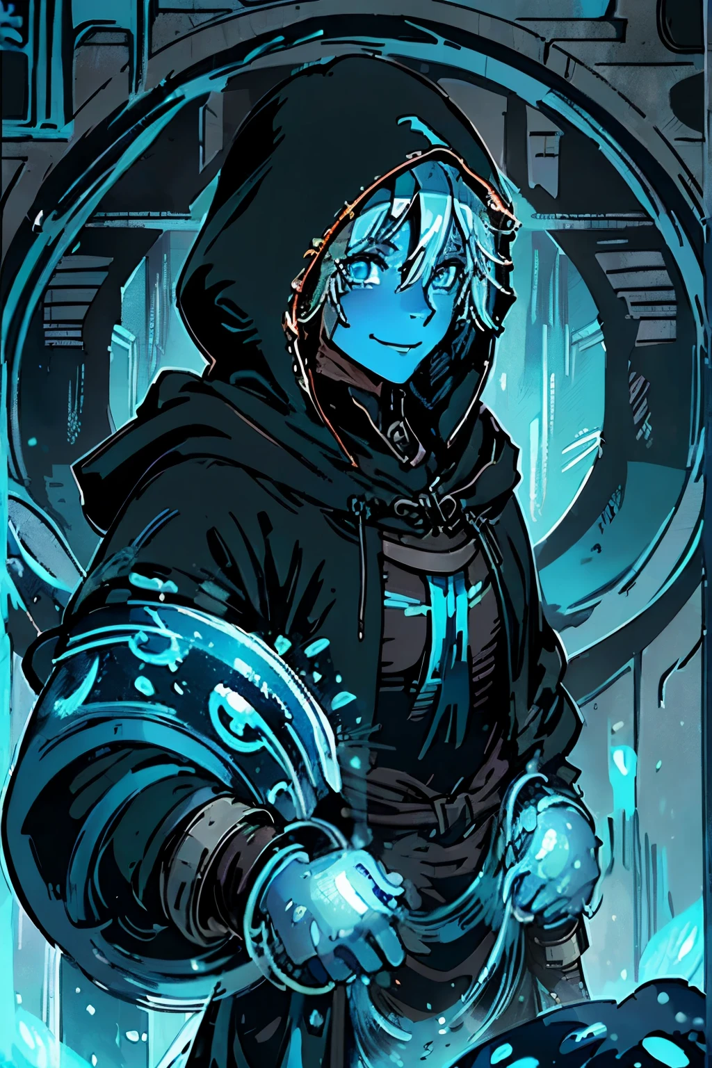 a slime(14year old) ,((all blue skin) ((light blue hair)), ((blue shinny eyes)), smile,((medieval clotes)), ((dressing a black hood)).