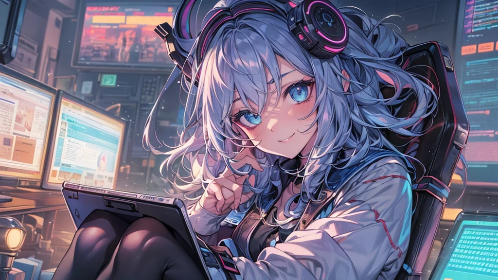 ultra-detailed, cute woman, petite stature, enormous breasts, white skin, alluring figure, rainbow hair, long messy hair, long upper eyelashes, eyebrows behind hair, upturned eyes, light blush, seductive smile, background((dark and messy gaming room, Server Machine, neon lights, Braces, some Computer screen, notebook)), messy paper, flight, Debris flying, writing border depth, Movie, Finished lunch box, Cup drinks, (((seated in a gaming chair))), ((sitting behind a computer)), ((Cross the feet)), (engrossed in staring at the computer screen:1.4), ((hands moving on the keyboard)), , , ((Blue jacket)), Open one shoulders, ((black short bandeau top)), ((white skirt), ((black thigh-high stockings)), ((screen light)), HDR, Premium shadow, Perfect painting, visual art, Perfect art, super detail, chiaroscuro, Best quality, super textured skin, super detail face, perfect face, Super fine facial details, beautiful and delicate eyes, perfect eyes, correct limbs, correct finger, super detail finger, best hair quality, best clothing quality, (((best prop quality))), ccurate, highres, super detail, masterpiece,, (photorealistic:1.3)