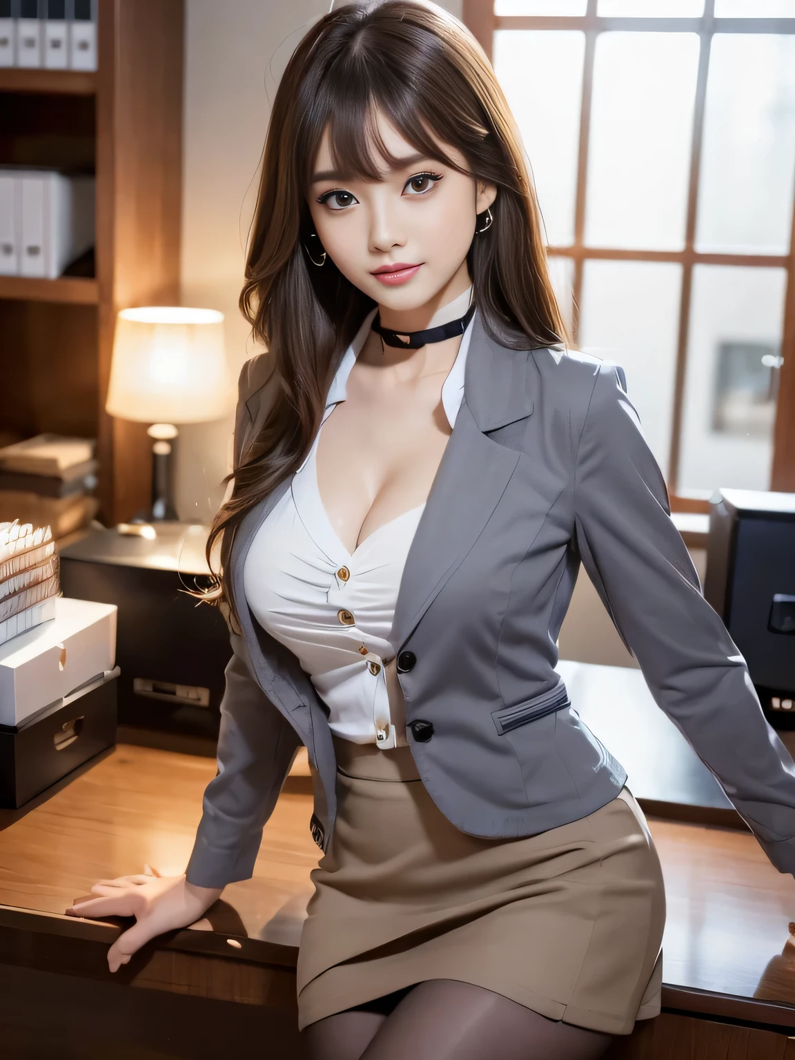 (office lady costume:1.5)、(Jacket:1.2)、(gray mini skirt:1.2), (white blouse:1.2), japanese model、(masterpiece:1.3), (8K, Photoreal, Raw photo, best image quality: 1.4)、 asymmetrical bangs, light brown hair、cleavage:1.2、super detail face、pay attention to details、double eyelid、chest to chest、sharp focus:1.2、perfect beauty:1.4、light brown hair、highest quality、masterpiece、ultra high resolution、(Photoreal:1.4)、very detailed and professional、illuminate your smile、girl、Nogizaka Idol、korean idol、fiery idol pose、19 years old、expensive, Glamour、black choker, Blue color contact lenses, long eyelashes, mascara, bangs