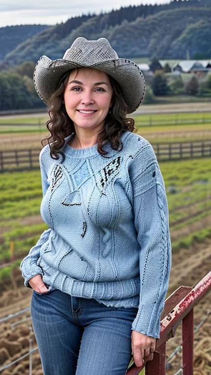beautiful 54 year old white woman, mature, chubby, wavy brunette hair (greying hair), blue eyes, happy, red cable-knitted sweater, cowboy hat, blue jeans, farmland in background, detailed, HDR, photo circa 2010