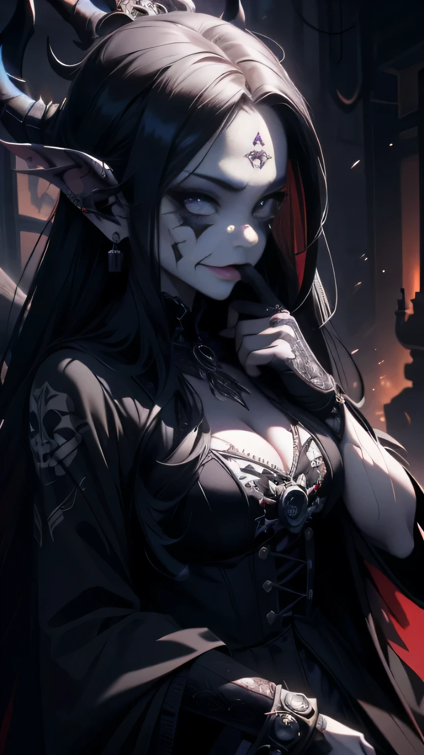 (masterpiece:1.2, Best quality), Concept art of a demon girl with a joker skull by Casey Weldon, Olga Kvasha, Miho Hirano, hyper detail, intricate gothic, Trending on ArtStation, Process Colors, Unreal Engine 5, Detailed matte painting, Deep color, fantastic, complex part, screensaver, Additional colors, fantasy concept art, Resolution 8K, gothic masterpiece on deviantart,(High Definition:1.2),(Incredibly Detailed:1.2),(Deep field:1.2)