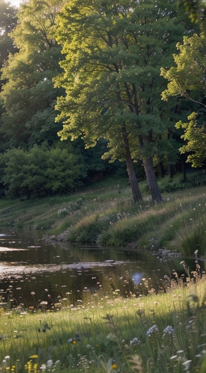 Peaceful meadow at dawn, soft golden light, penetrating the trees and casting a warm light on the wildflowers and tall grass. A light breeze rustles the leaves and makes the grass sway., Creating a soothing sound. On distance, a small stream flows over stones and fallen branches, adding a calming atmosphere. Air fresh and fresh, and birdsong can be heard in the distance. The scene evokes a feeling of calm and tranquility., a moment of silence in a busy world.