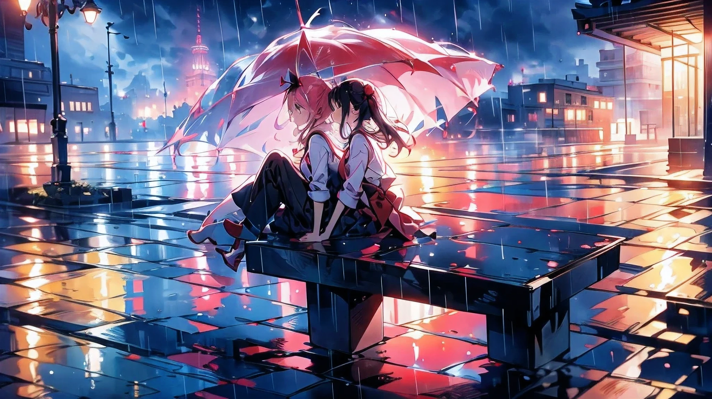 Zero two with messy hair, kissing Kira, sitting on top of a building, (ROMANTIC WEATHER) WITH (STRONG WINDS) AND (RAINNING) 