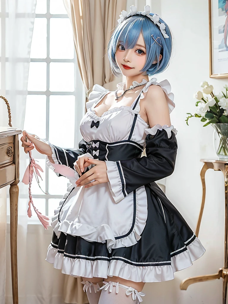 (8K, Photorealistic, Raw photo, of the highest quality: 1.3), (1girl in), Super beautiful, (Realistic face), (boyish, pink Color Berry Shorthair), Beautiful , Glare that captivates the viewer, Beautiful expression, Beautiful breasts, (Realistic skin), Be...Create a detailed and colorful image of Ram and Rem from Re:Zero, standing back-to-back in their maid outfits, with a magical fantasy background、14years old, two girls,sisters,cute, perfect face, beautiful,gothic lolita clothes, gothic lolita fashion, frilly skirt, headdress, necklace, bracelet, knee-high socks, boots, double eyelids, tear bags, Detailed down to the fingers, photo-like description, indoors, dim indoor lighting, one girl is pink hair and short bob, another girl is light blue hair and short bob,standing, whole body, composition that shows the whole body, smiling,The Both of them are wearing the same type of maid outfit,Put her hands behind her back