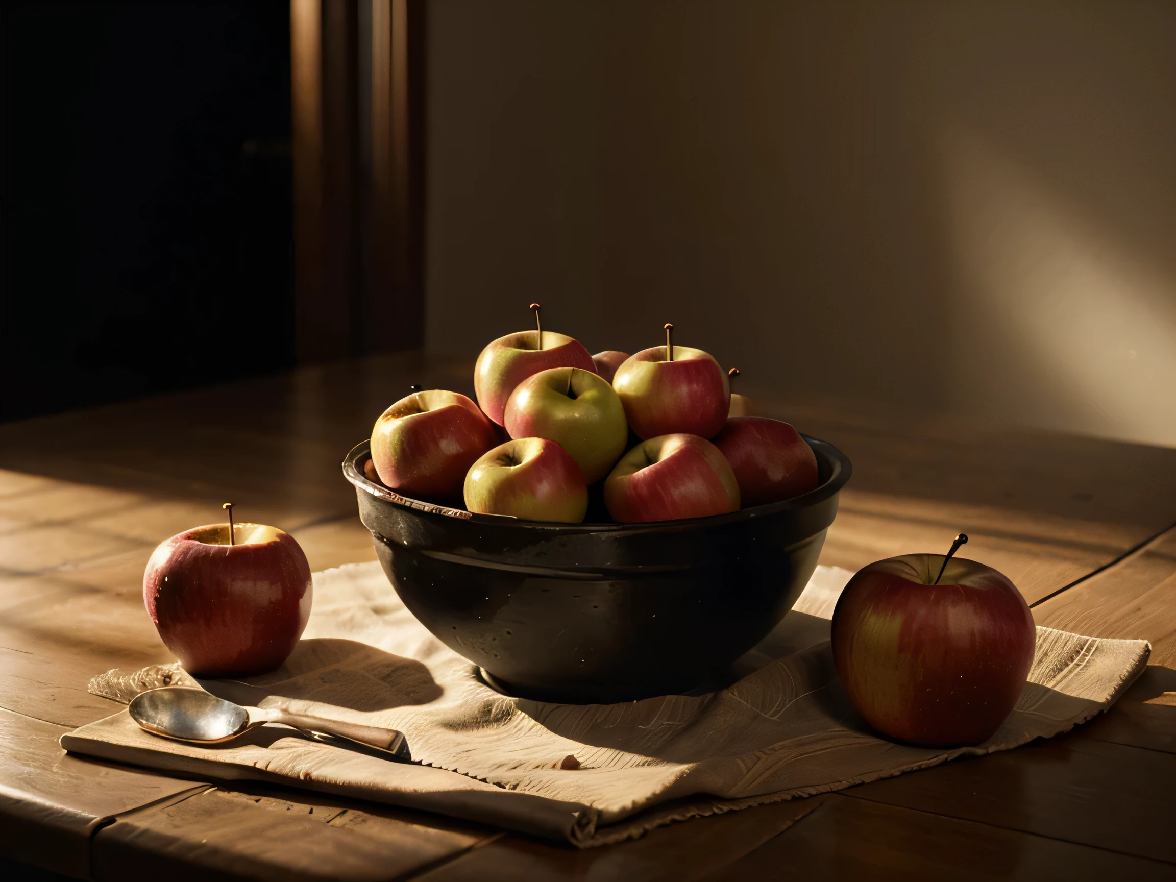 gala apples on the table still life oil brushstrokes, hyperrealistic, masterpiece,Hyperrealism, 135mm, nikon, chiaroscuro, cinematic lighting, rays of God, drop shadow