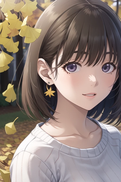 High resolution,8K,highest quality,detailed,semi-realistic anime,anime 3d style,smooth anime CG,
1 girl,20 year old female living in Japan,slim,modeled,shiny chestnut hair,medium hair,detailed face,beautiful and detailed eyes,glowing skin,
(sweater),earrings beautiful,autumn's,Tag,autumn leaves,ginkgo,withered tree,(Golden leaves flutter),light shines, outdoor, 美しいdetailedの空,
(dynamic pose:0.8),hard focus、film grain,soft lighting,Wind,looking at the viewer,laughter