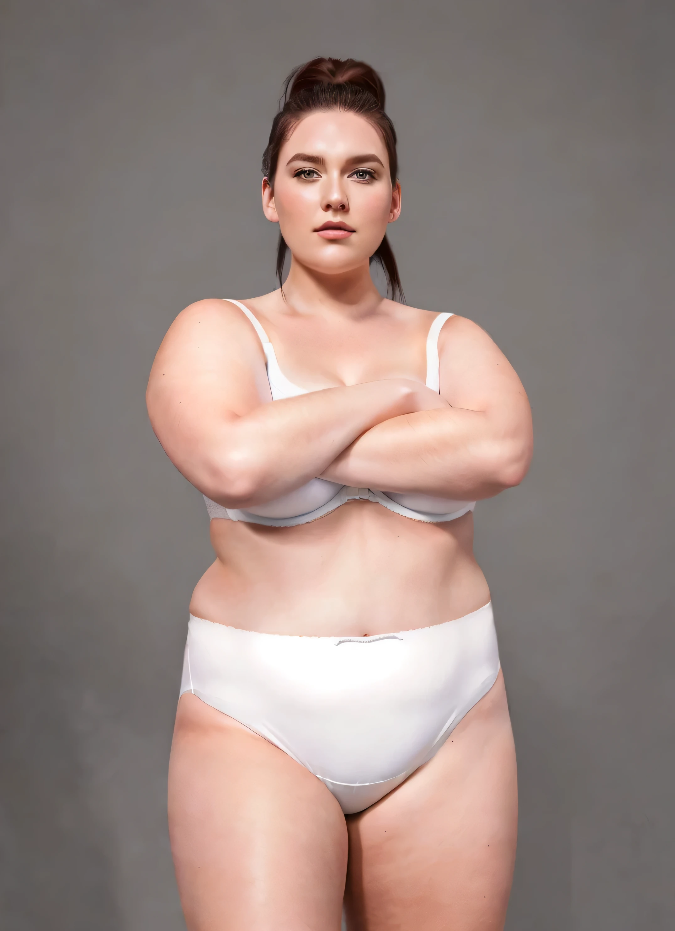 ((masterpiece, best quality)), ((30 year-old)) (((Plus-sized))) German woman with brown ponytail hair, (in white bra), (((White high cut panties))), standing in front of grey screen, dark eye shadow, ((photo realistic))