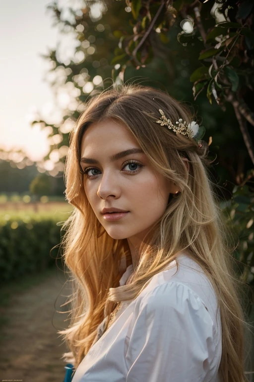 Создайте фотореалистичный портрет 25-летнto her американки., Nicely dressed, beautiful and breathtaking. to her, there must be, a long time ago, flowing blond hair and piercing blue eyes, expressing a gaze.. Его выражение there must be одновременно естественным и магнетически соблазнительным., With a touch of mystery. It's bathed in the golden light of the golden hour, adding an almost surreal quality to its beauty. The backdrop is picturesque outdoor nature., Maybe, sunny park or beach, with elements, which enhance his charming presence. Use high resolution photos with an 85mm lens, to get an attractive perspective and depth of field, which will highlight it., make the image ideal for viral sharing due to its uniqueness and striking beauty.