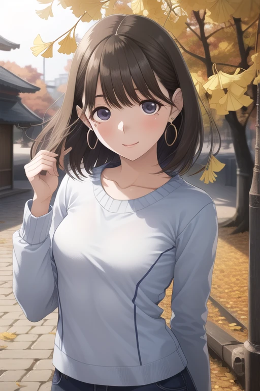 High resolution,8K,highest quality,detailed,semi-realistic anime,anime 3d style,smooth anime CG,
1 girl,20 year old female living in Japan,slim,modeled,shiny chestnut hair,medium hair,detailed face,beautiful and detailed eyes,glowing skin,
(sweater),earrings beautiful,autumn's,Tag,autumn leaves,ginkgo,withered tree,(Golden leaves flutter),light shines, outdoor, 美しいdetailedの空,
(dynamic pose:0.8),hard focus、film grain,soft lighting,Wind,looking at the viewer,laughter