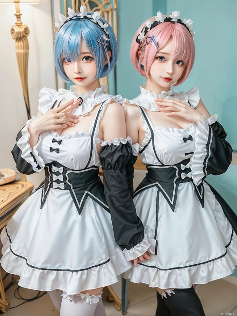 (8K, Photorealistic, Raw photo, of the highest quality: 1.3), (1girl in), Super beautiful, (Realistic face), (boyish, pink Color Berry Shorthair), Beautiful , Glare that captivates the viewer, Beautiful expression, Beautiful breasts, (Realistic skin), Be...Create a detailed and colorful image of Ram and Rem from Re:Zero, standing back-to-back in their maid outfits, with a magical fantasy background、14years old, two girls,cute, perfect face, beautiful, nice body, gothic ta clothes, gothic loliashion, frilly skirt, headdress, necklace, bracelet, knee-high socks, boots, double eyelids, tear bags, Detailed down to the fingers, photo-like description, indoors, dim indoor lighting, one girl is pink hair and short bob, another girl is light blue hair and short bob,standing, cute posinig,whole body, composition that shows the whole body, smiling,The Both of them are wearing the same type of maid outfit